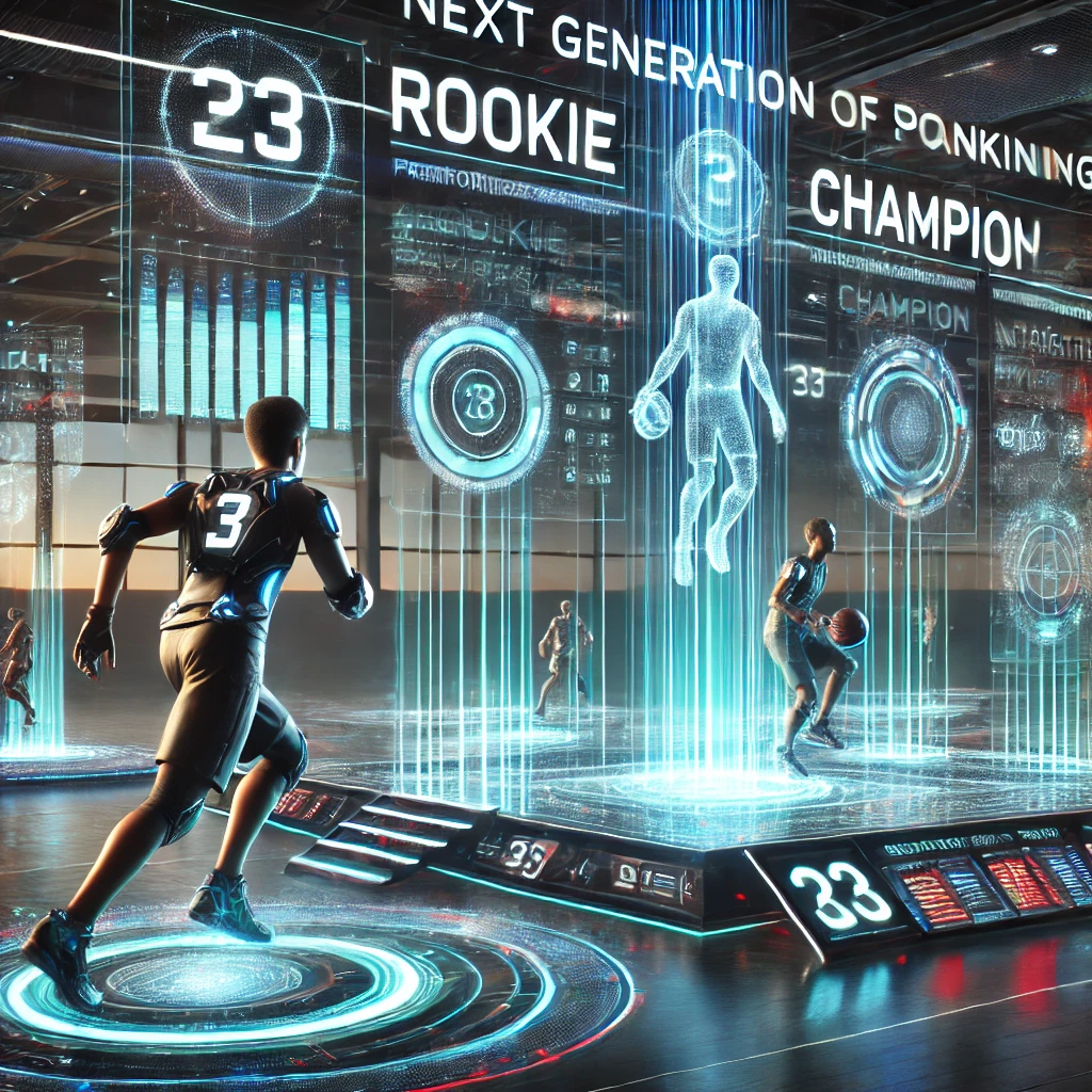 DALL·E 2025-03-18 18.54.44 - An ultra-realistic futuristic sports ranking system with different competition tiers. A high-tech digital leaderboard displays rankings from Rookie to.webp